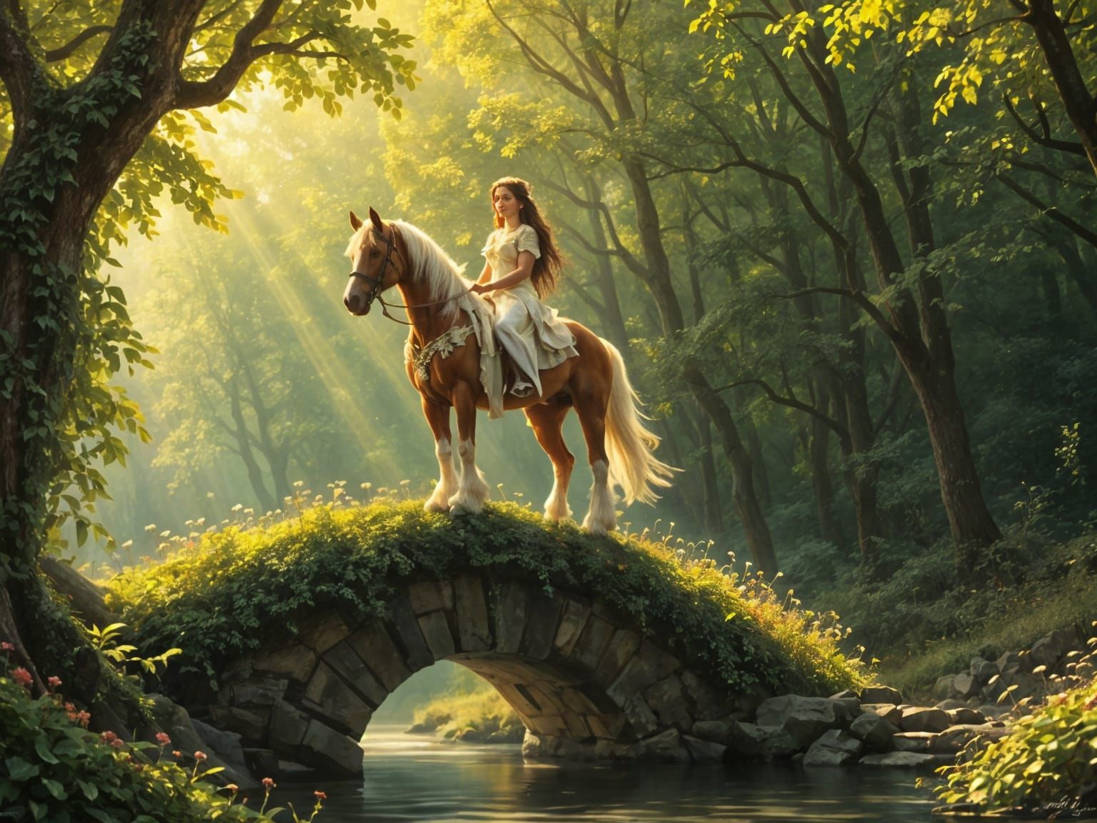 Princess on Clydesdale on Ancient Bridge in Sunlit Glade