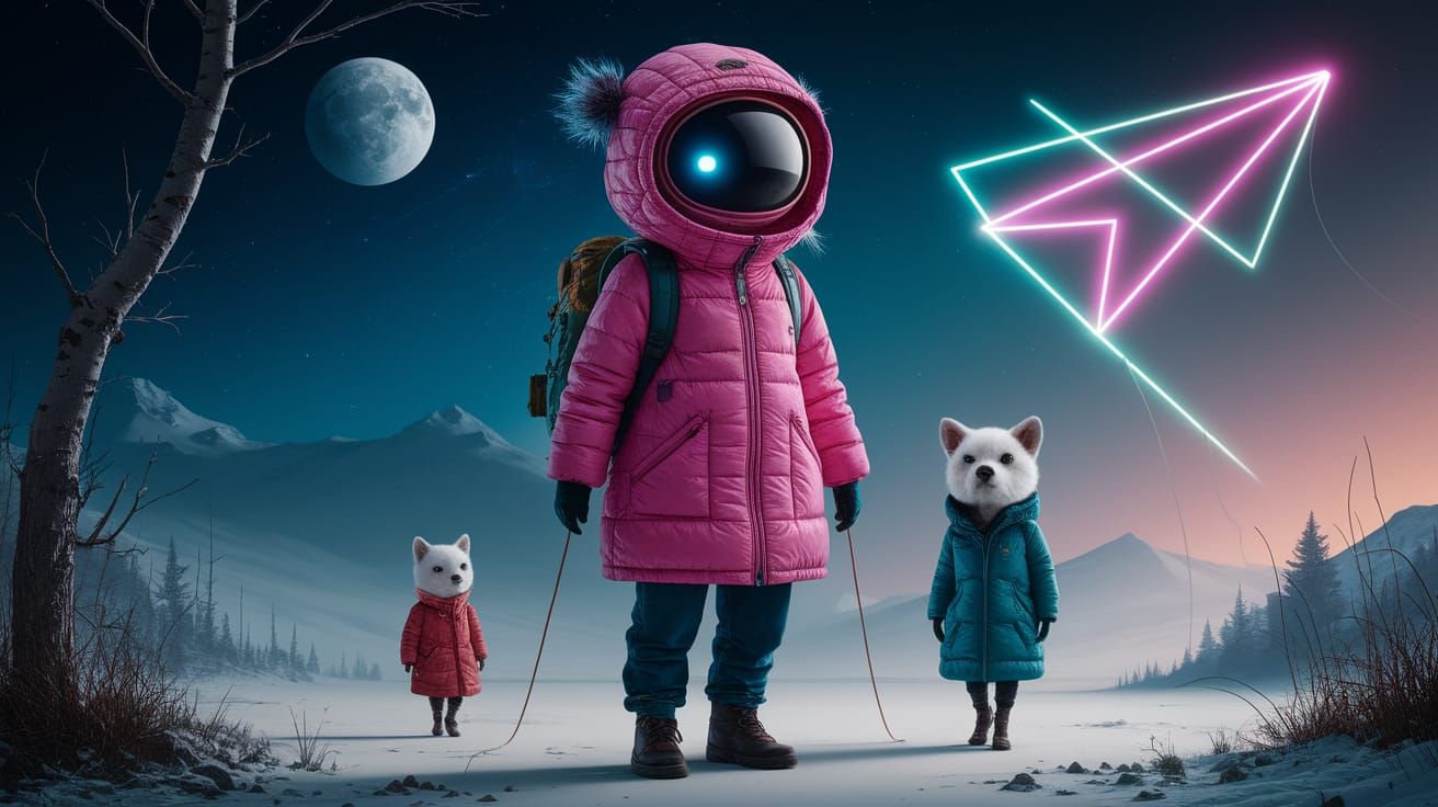 Whimsical Neon Wanderer Among Old Friends