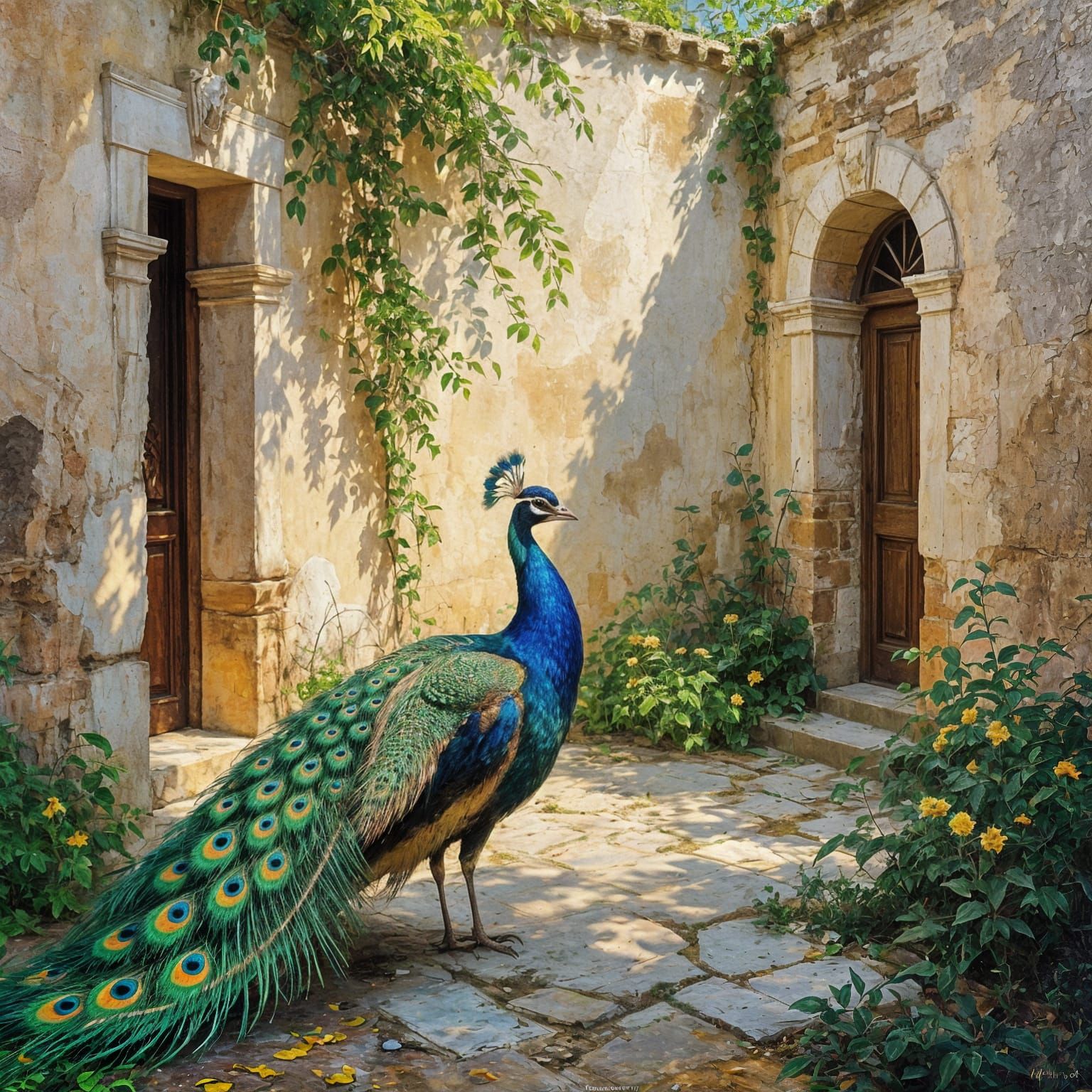 Peacock in Overgrown Courtyard, Impressionist Oil Painting