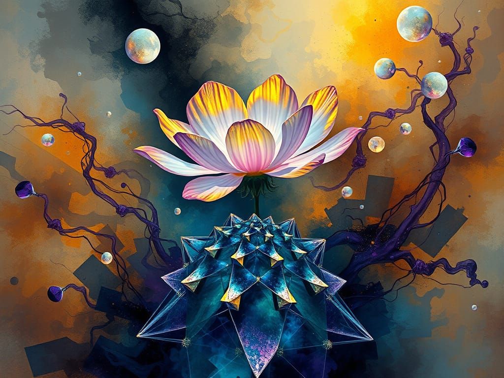 Ethereal Cosmos Blooms Amidst Geometric Fractal