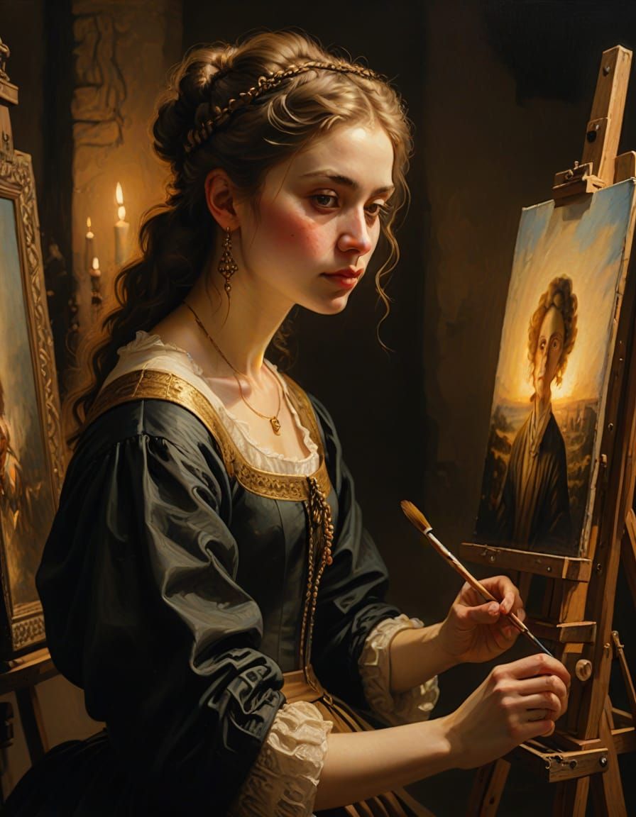 Medieval Girl Painting in Baroque Style