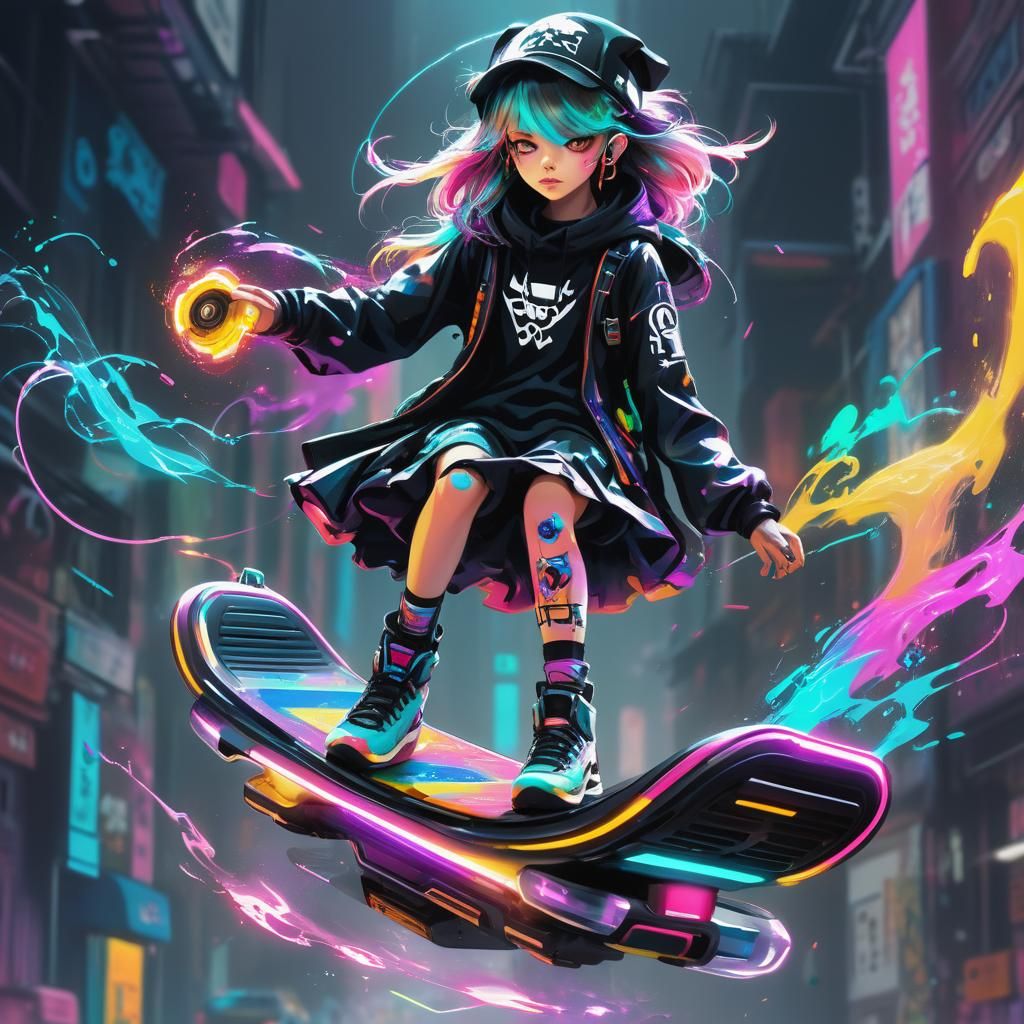 Cyber witch on hoverboard
