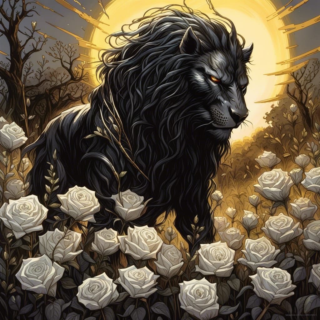 Gothic Black Lion in Roses, Comic Book Art