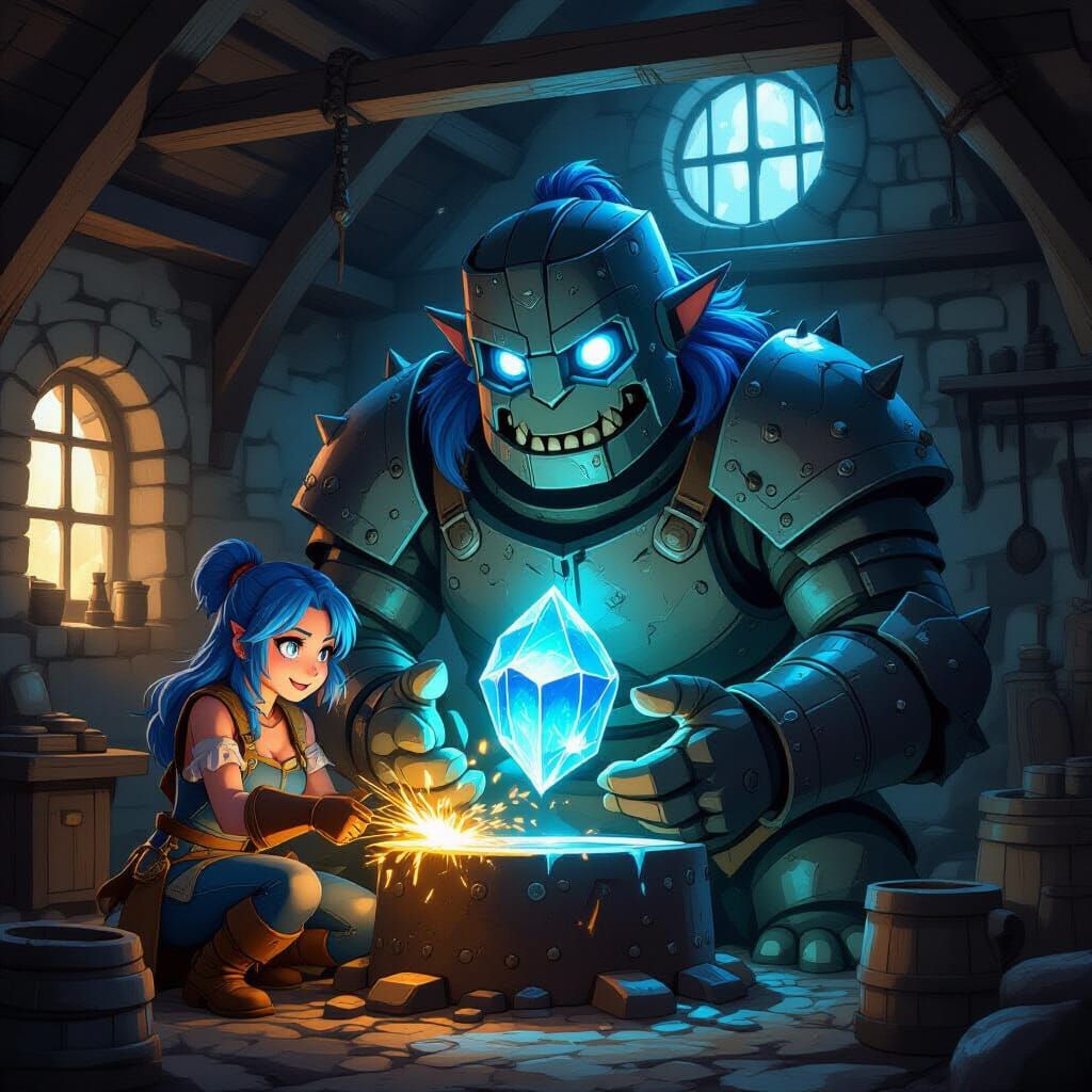 Blacksmith Woman and Metal Golem in Anime Style