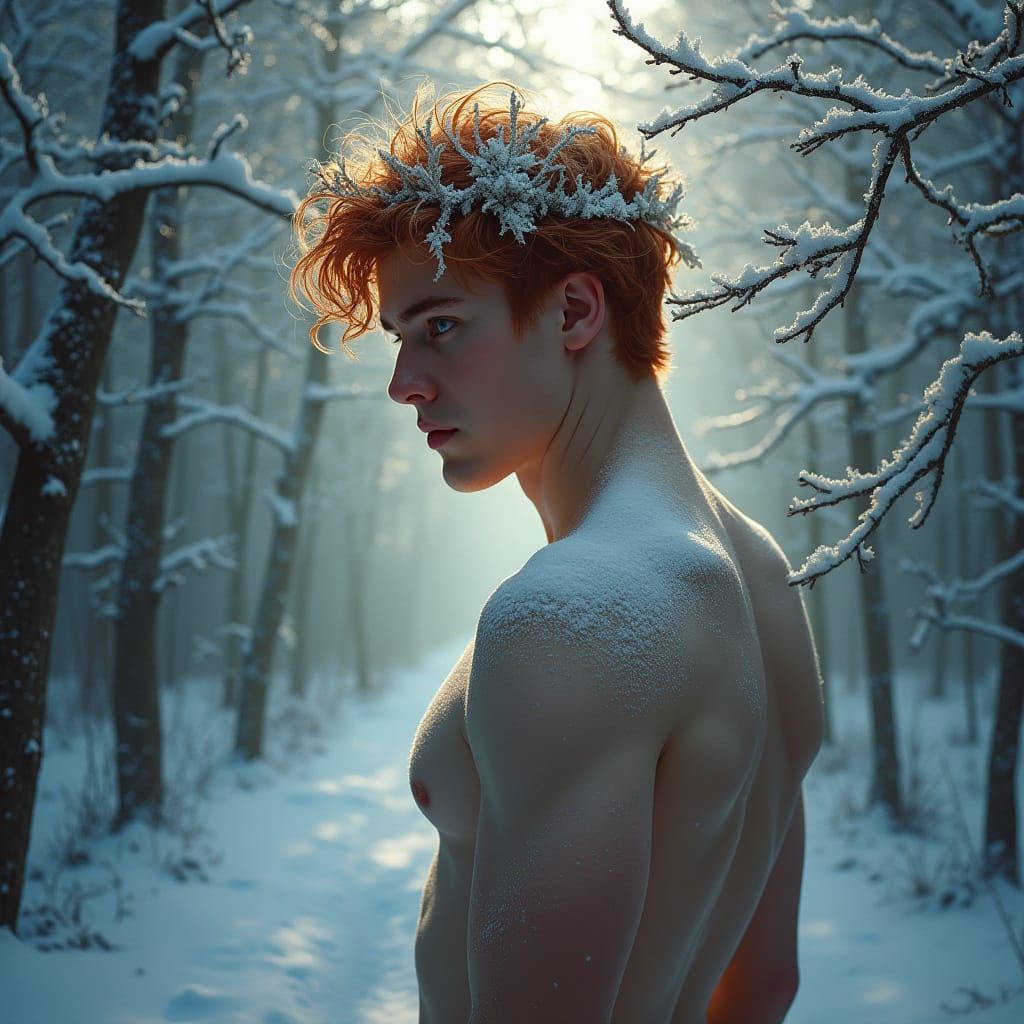 Redhead in Snowy Forest with Ice Crown