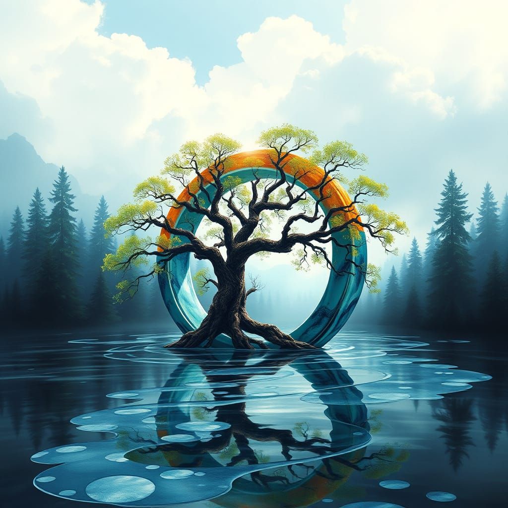Realistic Tree in a Vibrant Watercolor Ring