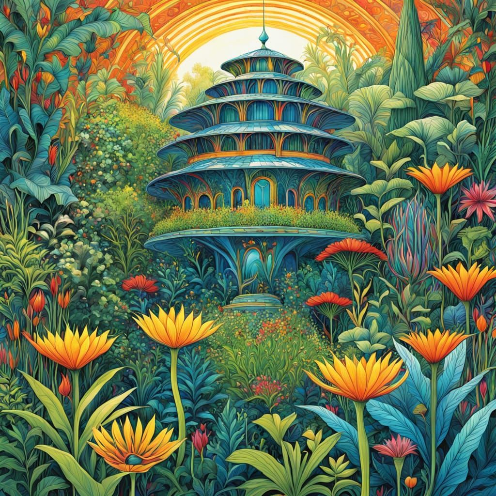 Surreal Solarpunk Garden in Vibrant Dome