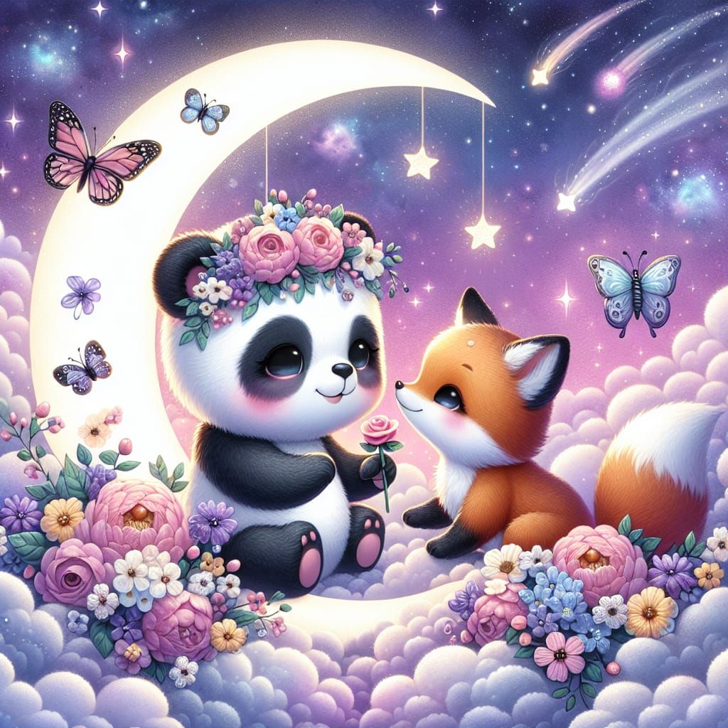 Panda and Fox on Crescent Moon in Fairy Tale Sky
