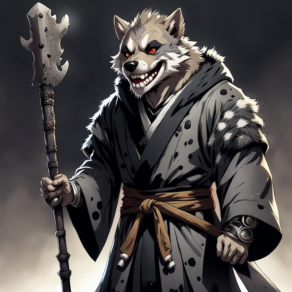 Smiling Gnoll in Black Robe, Anime Style
