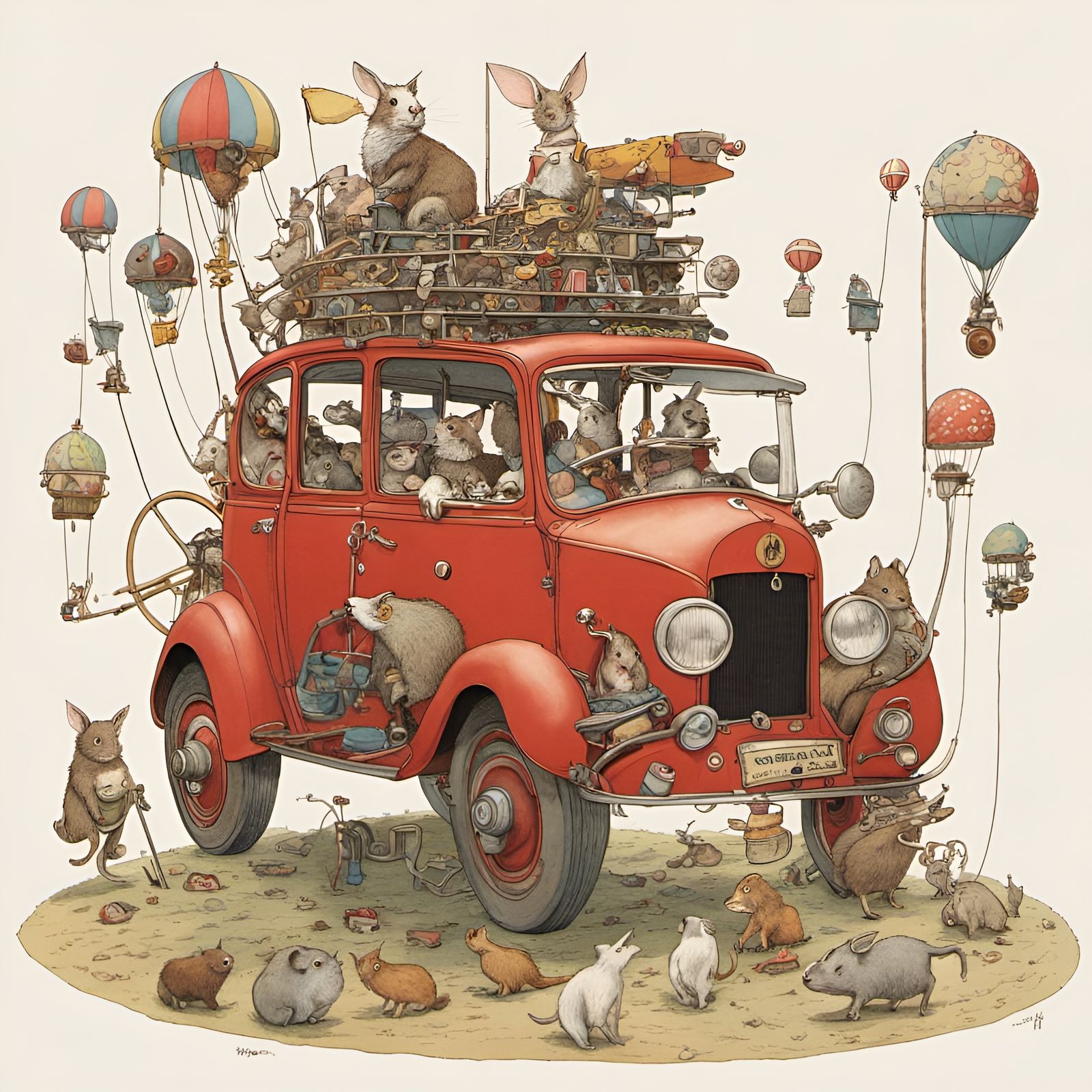 Small animals going to the beach in an unconventional car