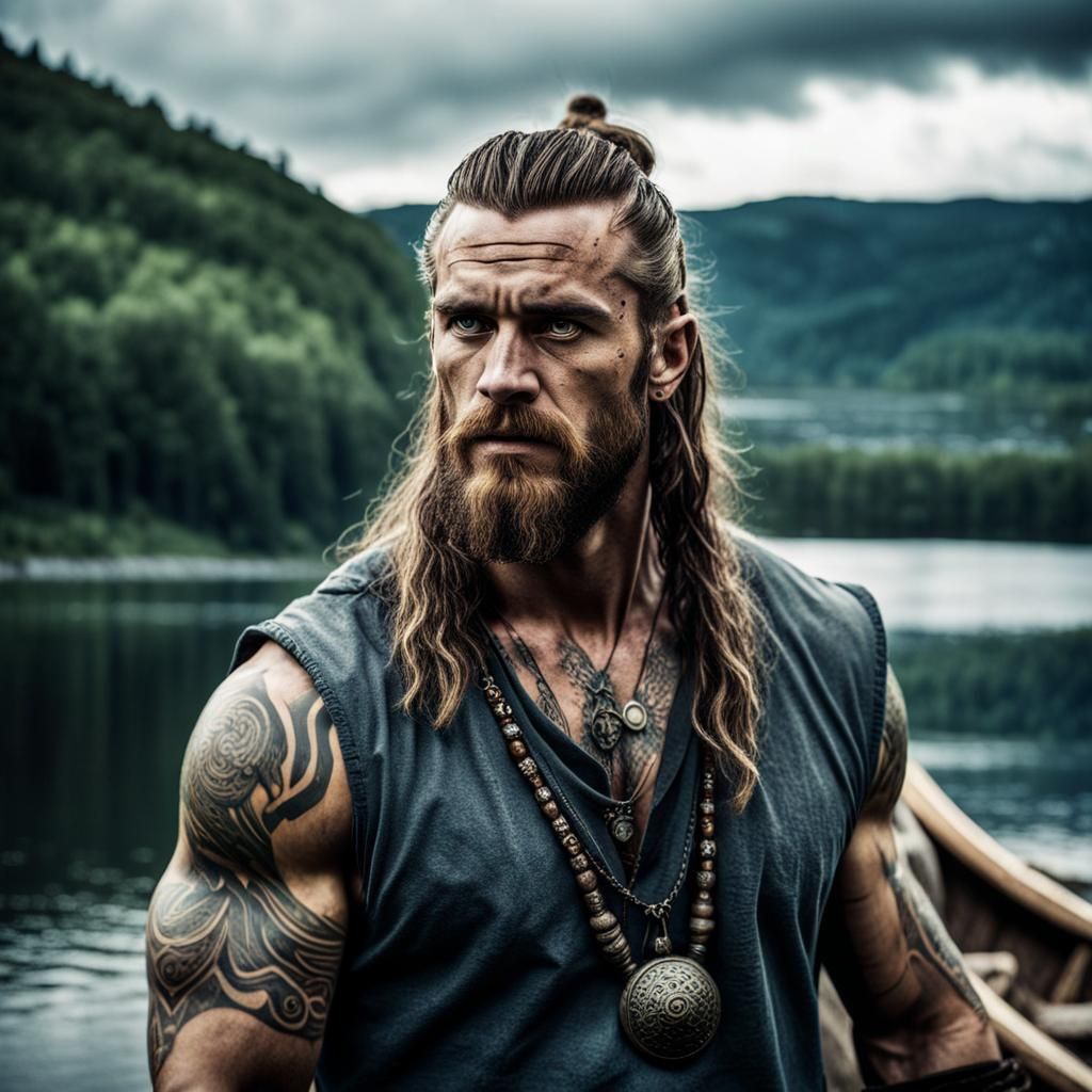 Handsome Viking by a Lake: Cinematic Film Still