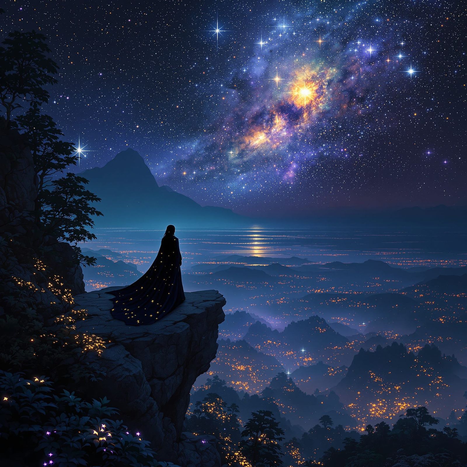 Sorceress Overlooking Cosmic Ocean in Dark Fantasy Style