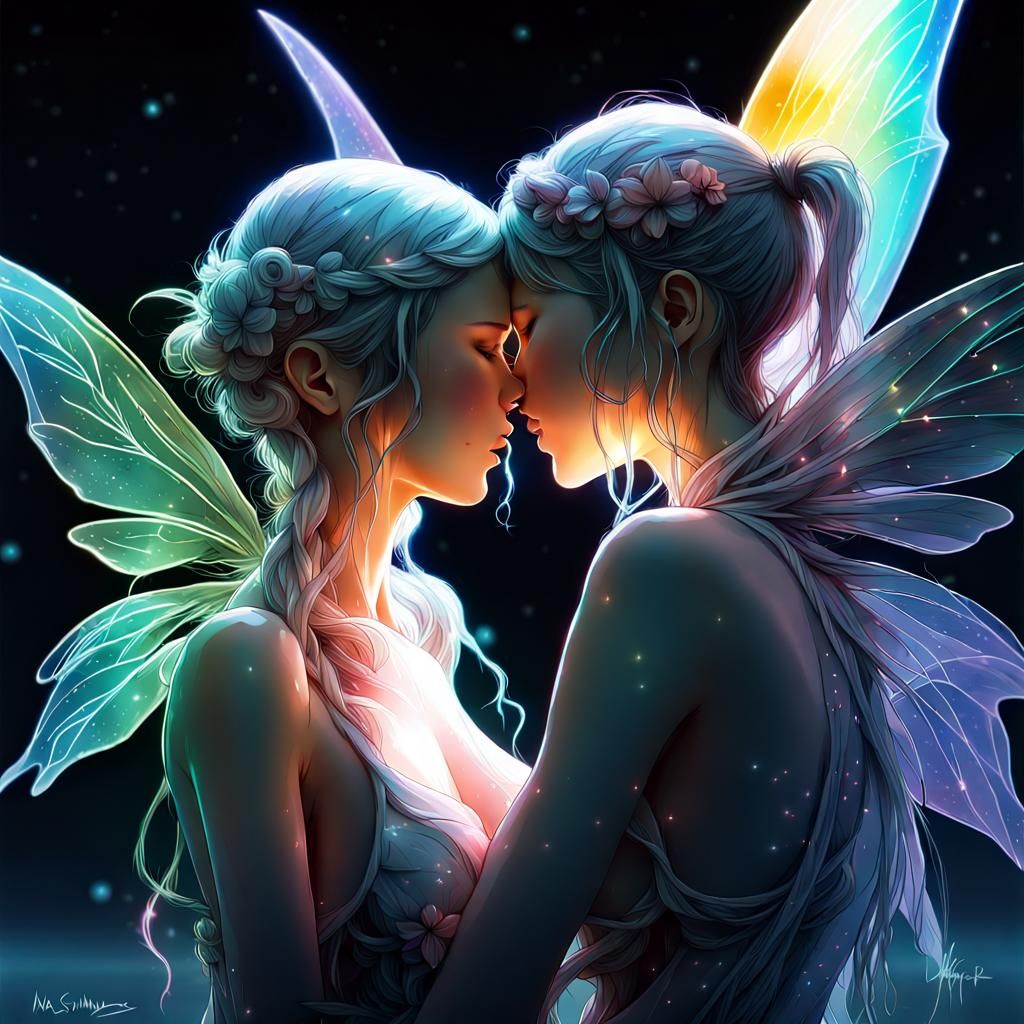 Lesbian Fairies Kissing in Rainbow Constellations