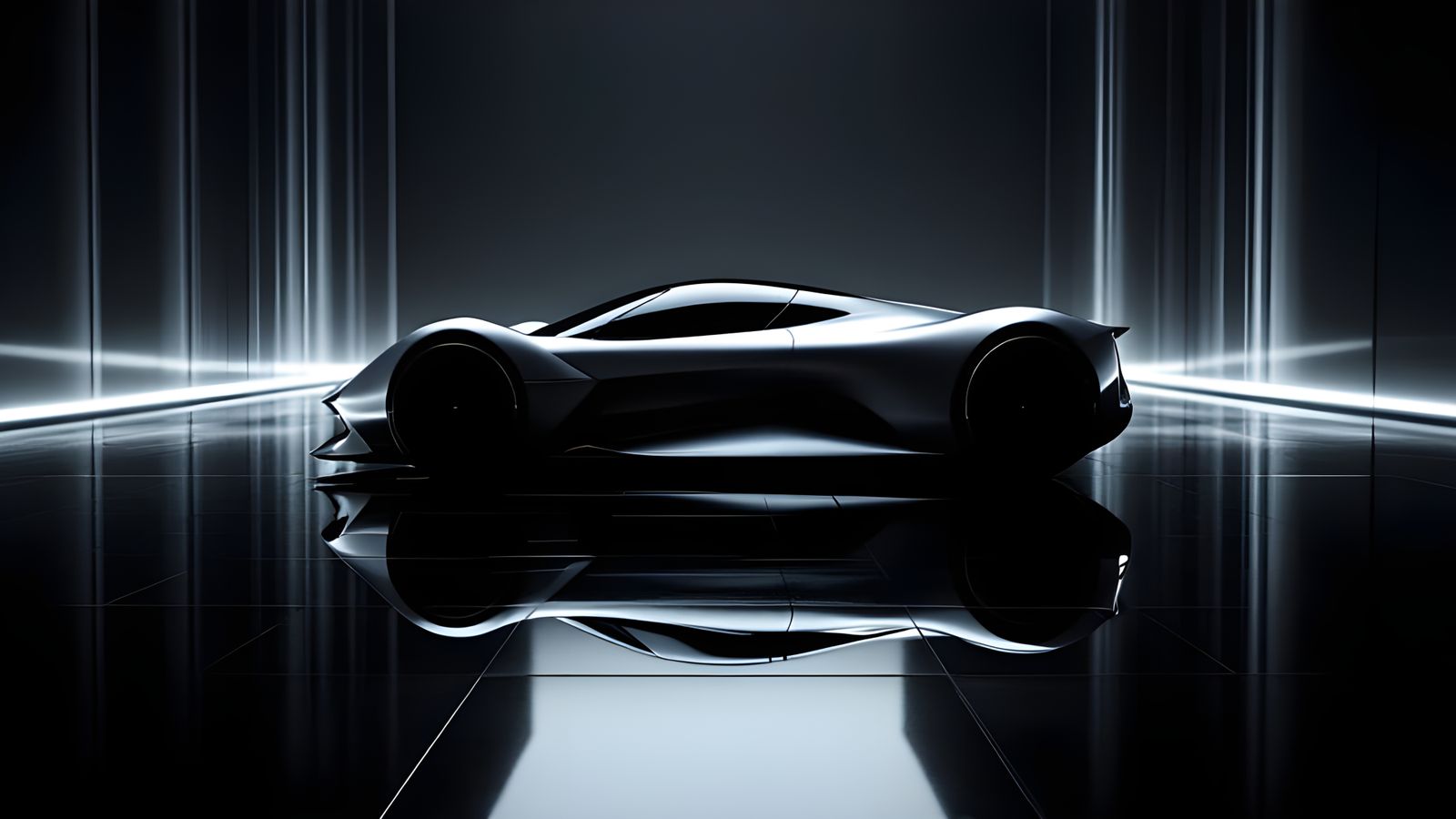 Futuristic AI Hypercar Concept in Mirrored Room