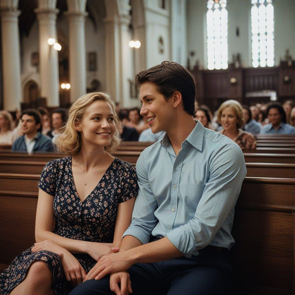 Young Couple Sharing a Moment in Church