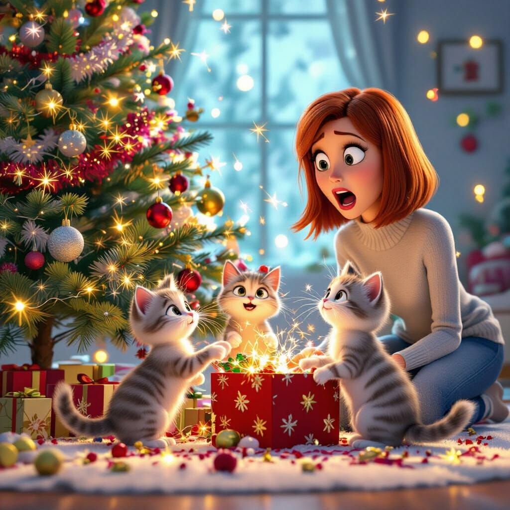 Pixar-Style Christmas Decorating Chaos with Kittens