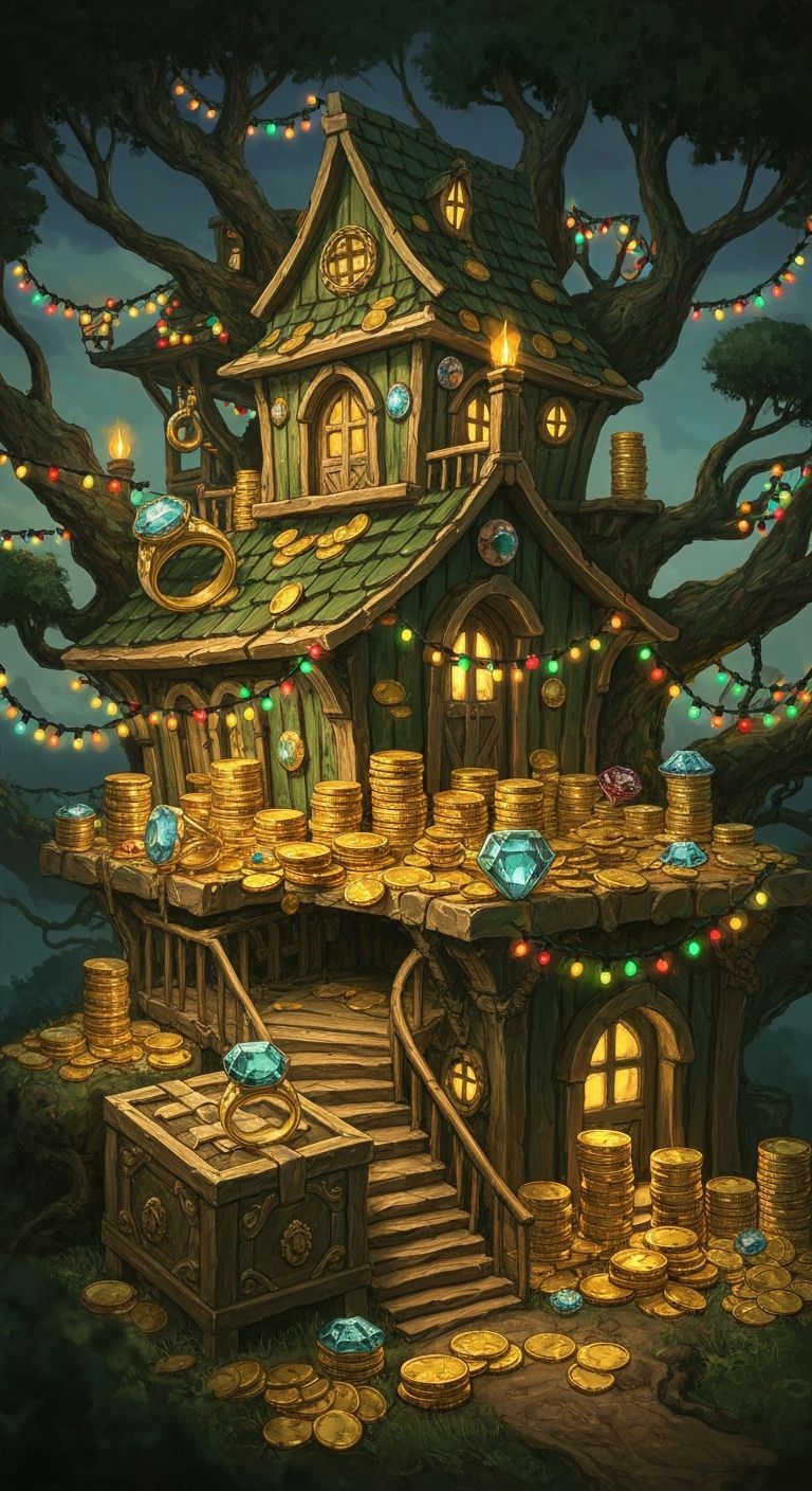Opulent Treasure Treehouse with Christmas Lights