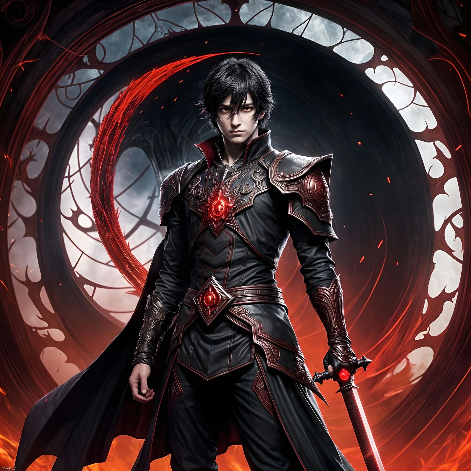 Anime Man with Sword of Aion in Dark Abyss