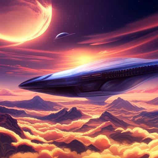 Sleek Spaceship Travels Through Alien Landscape