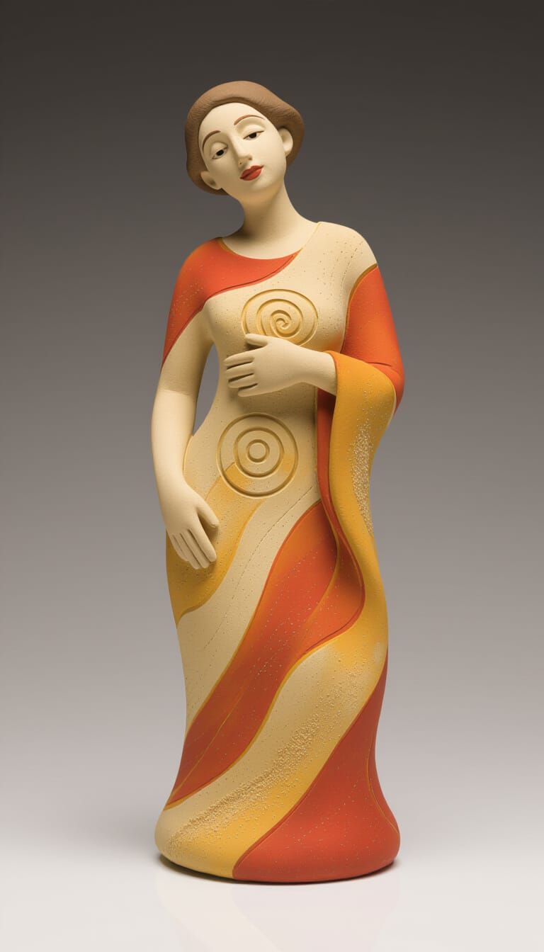 Clay Figurine with Wind-Sculpted Curves in Ochre and Orange
