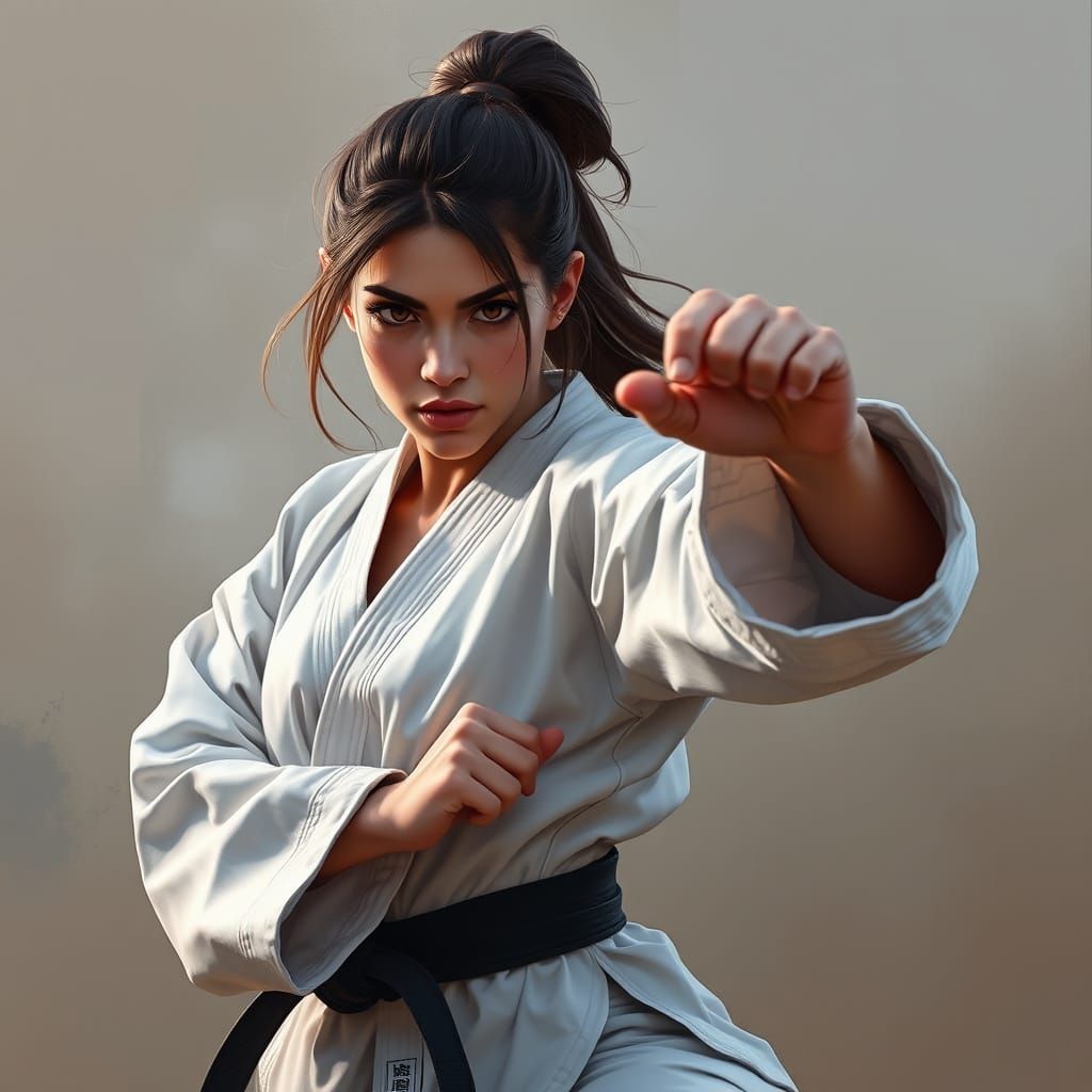 Female Karate Fighter in Dynamic Stance, Digital Art