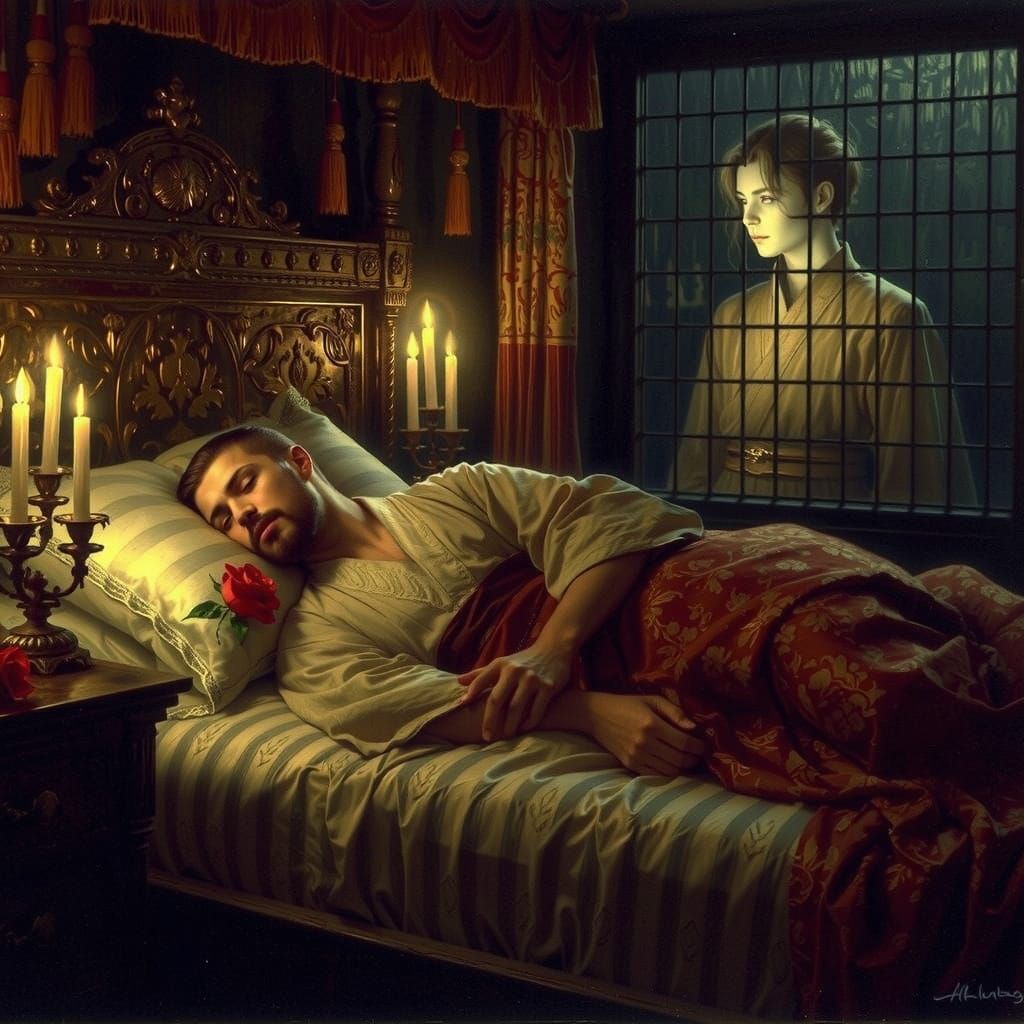 A Samurai's Ethereal Slumber in Richly Ornate Splendor