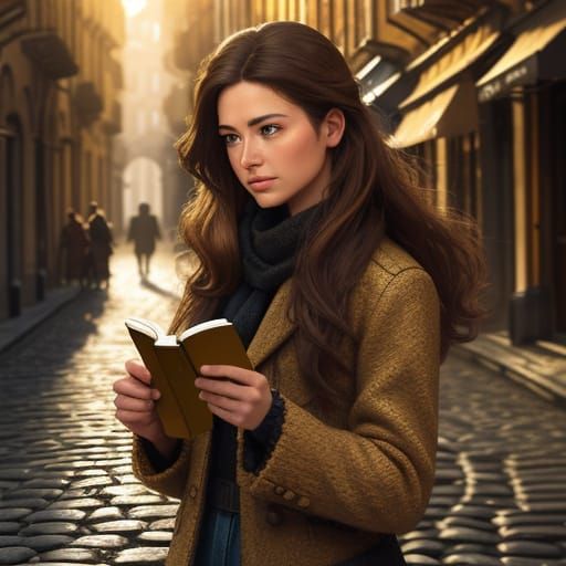 Young Woman Reading on Cobblestone Street