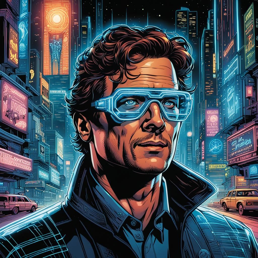 Futuristic Hologram Interaction in Neon City