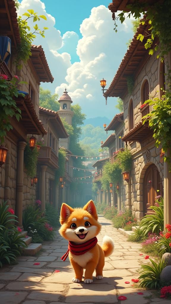 Joyful Dog Exploring Mystical Village in Fantasy Art Style