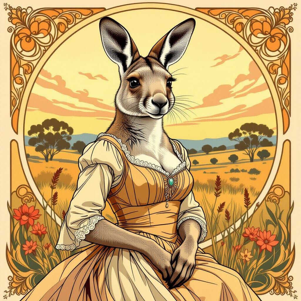 Wallaroo in Elegant Dress: Art Nouveau Portrait