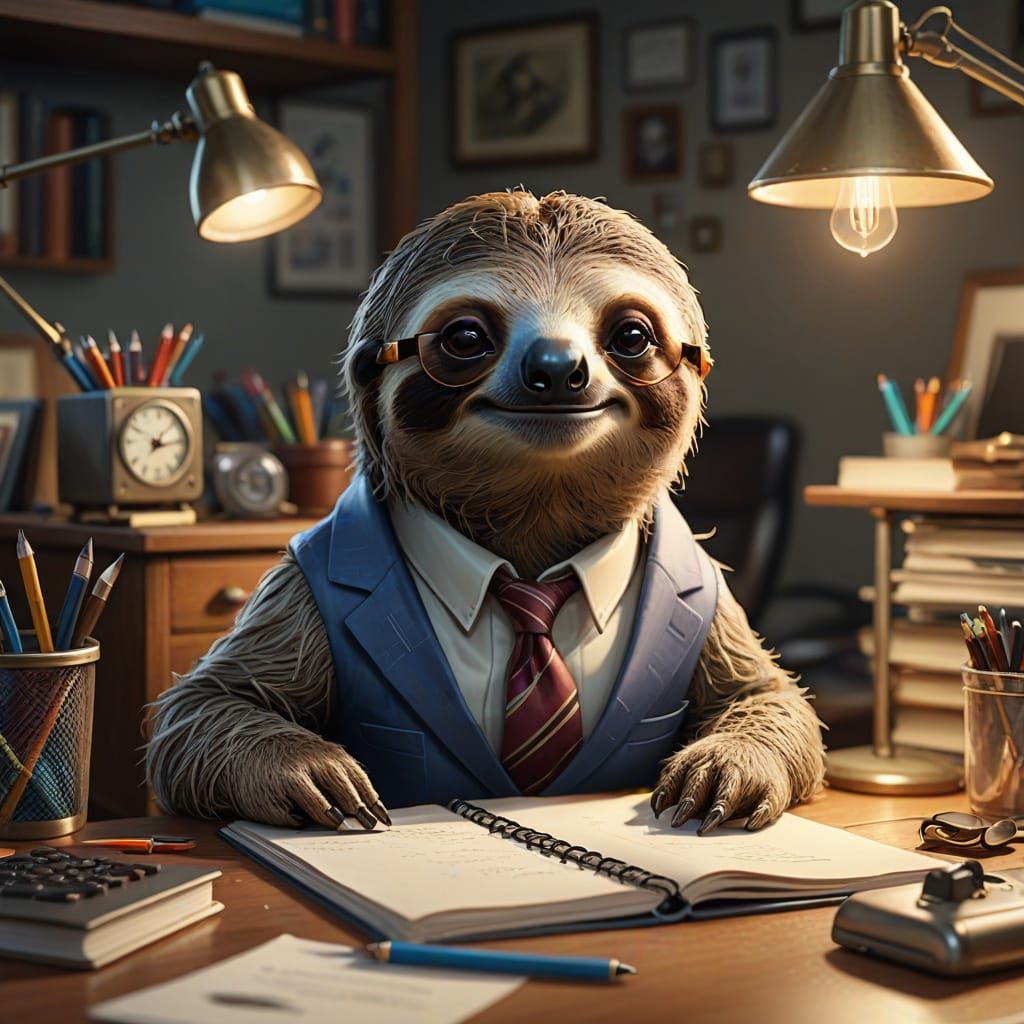 Whimsical Sloth Working Diligently at Cluttered Desk