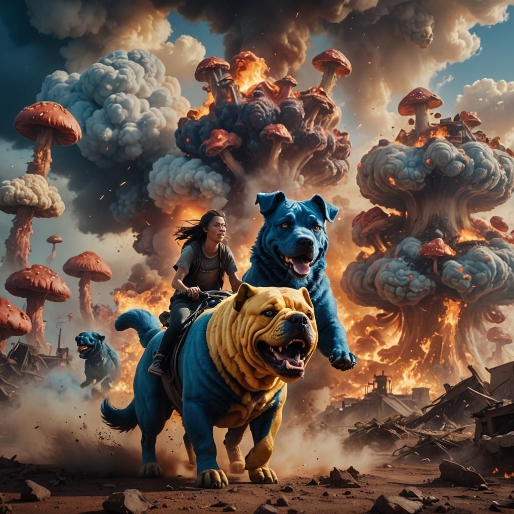 Girl Rides Blue Dog in Wasteland, Ultra-Realistic Photo