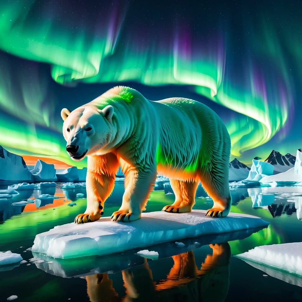 Neon Aurora Reflects on Arctic Bear