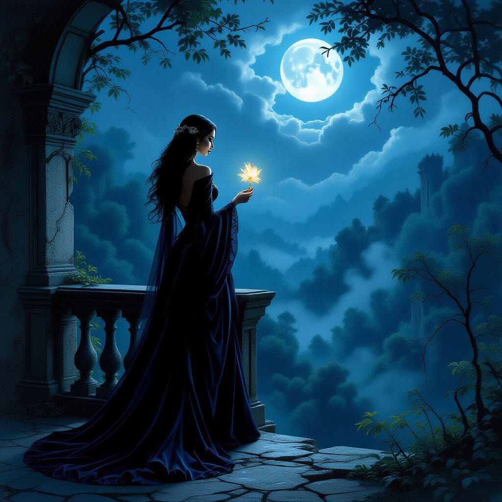Regal Vampire Woman on Ancient Balcony with Glowing Flower