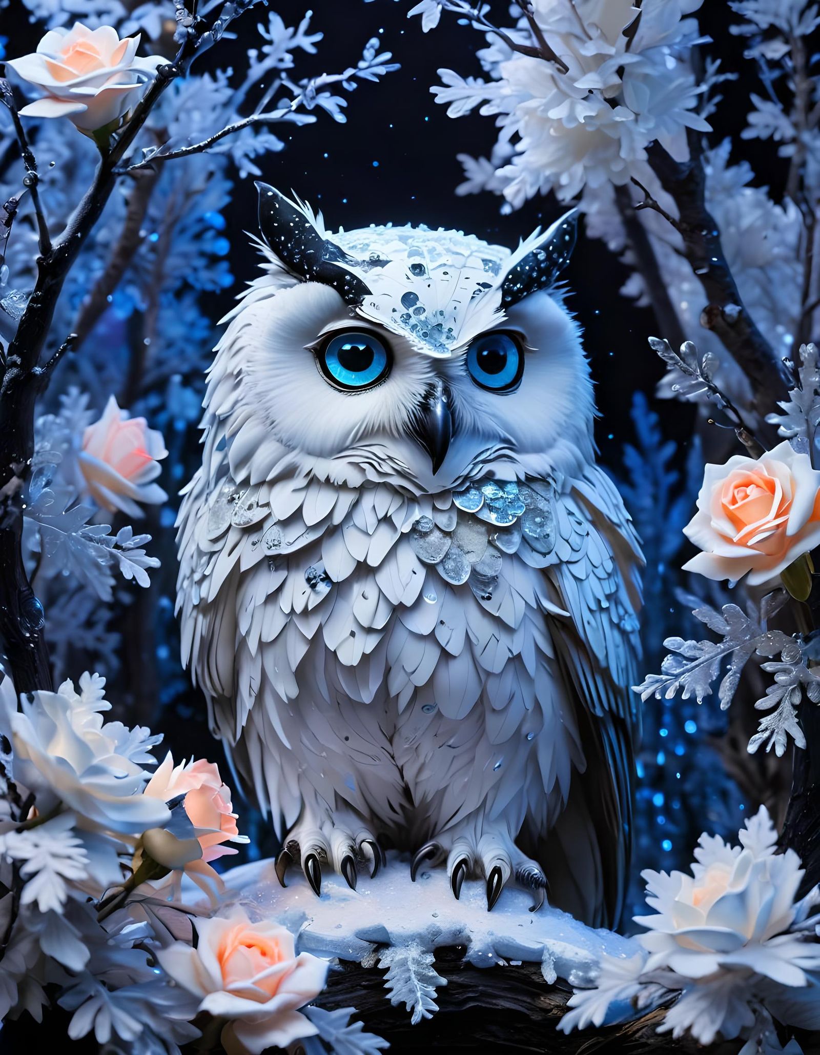 Misty Watercolour Painting of a Sparkly Owl in a Snowy Birch...