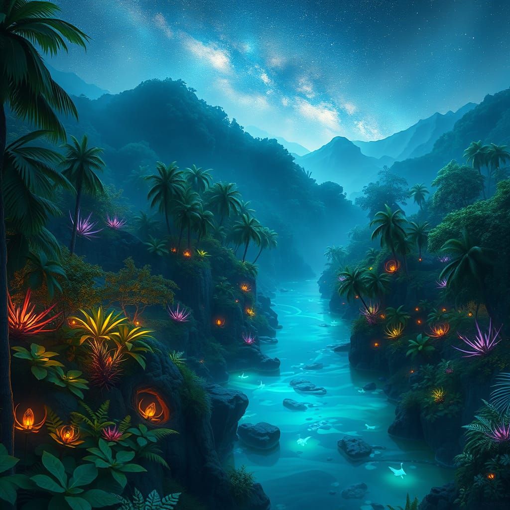 Lush Bioluminescent Rainforest: Detailed Matte Painting