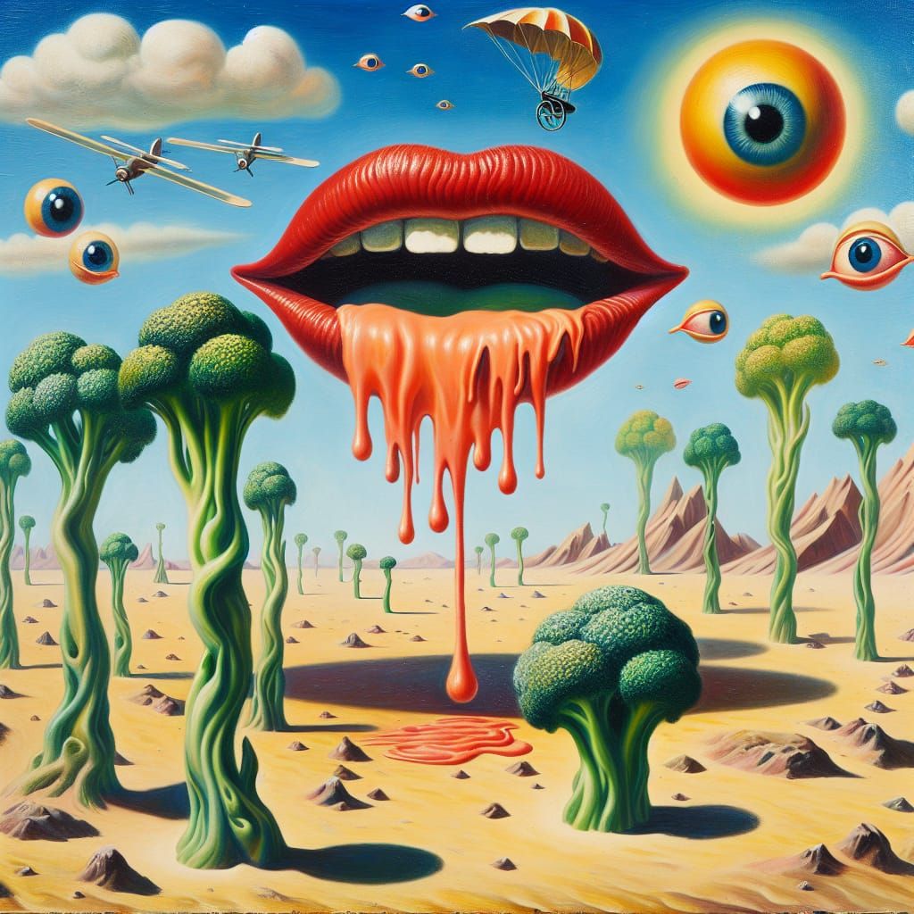 Surreal Desert: Melting Mouth and Floating Eyes