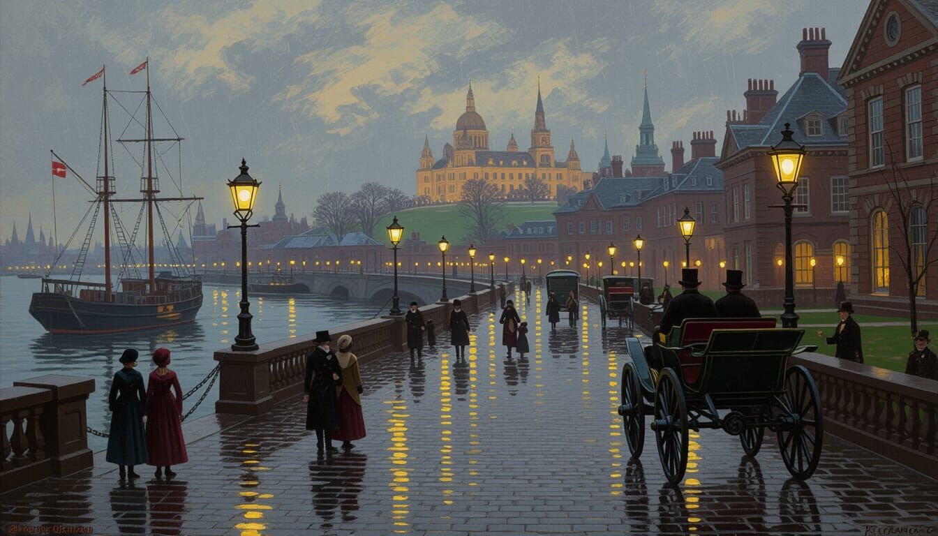 Regency Kingdom Docks at Night, Oil Painting Style