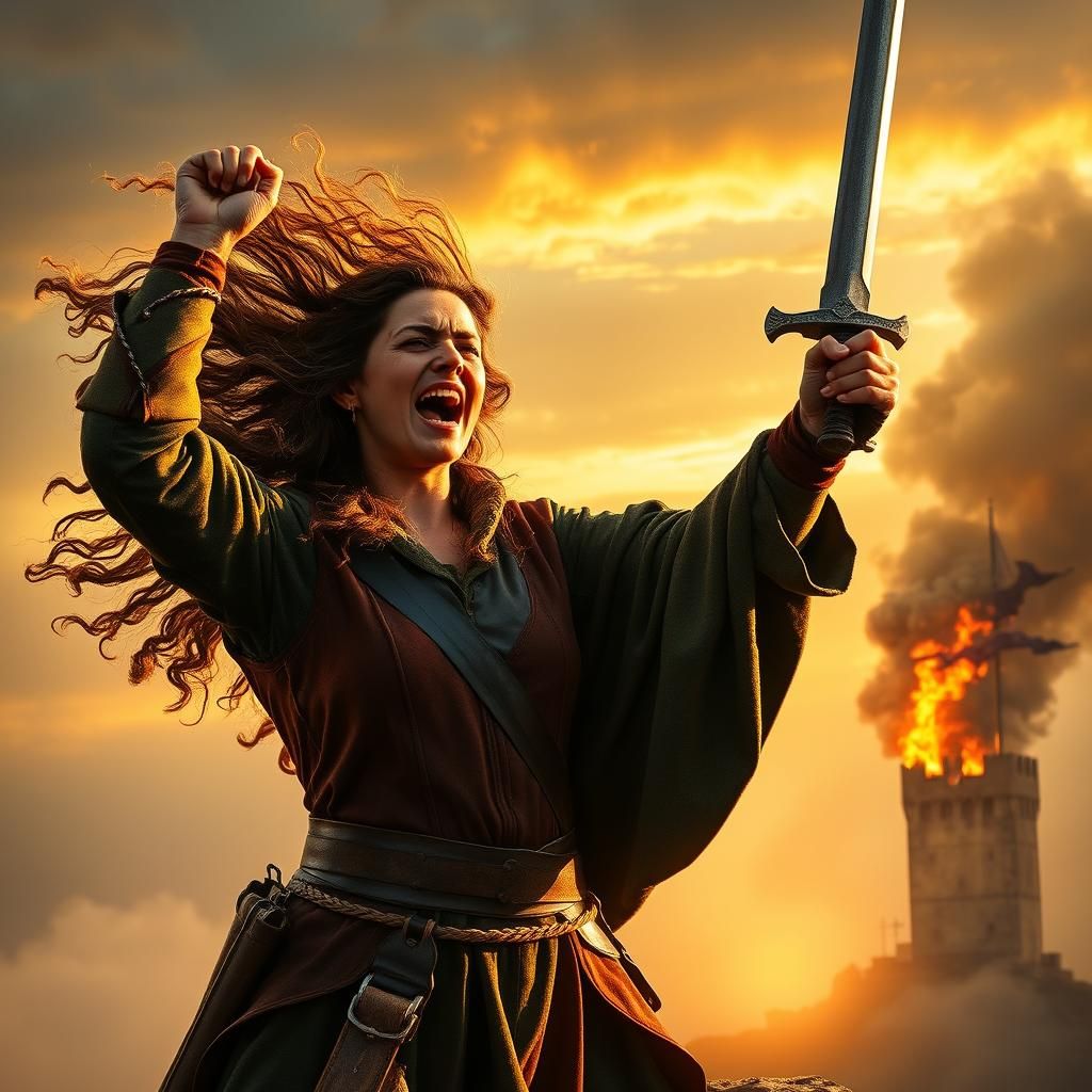 Heroic Female Robin Hood in Burning Medieval Setting