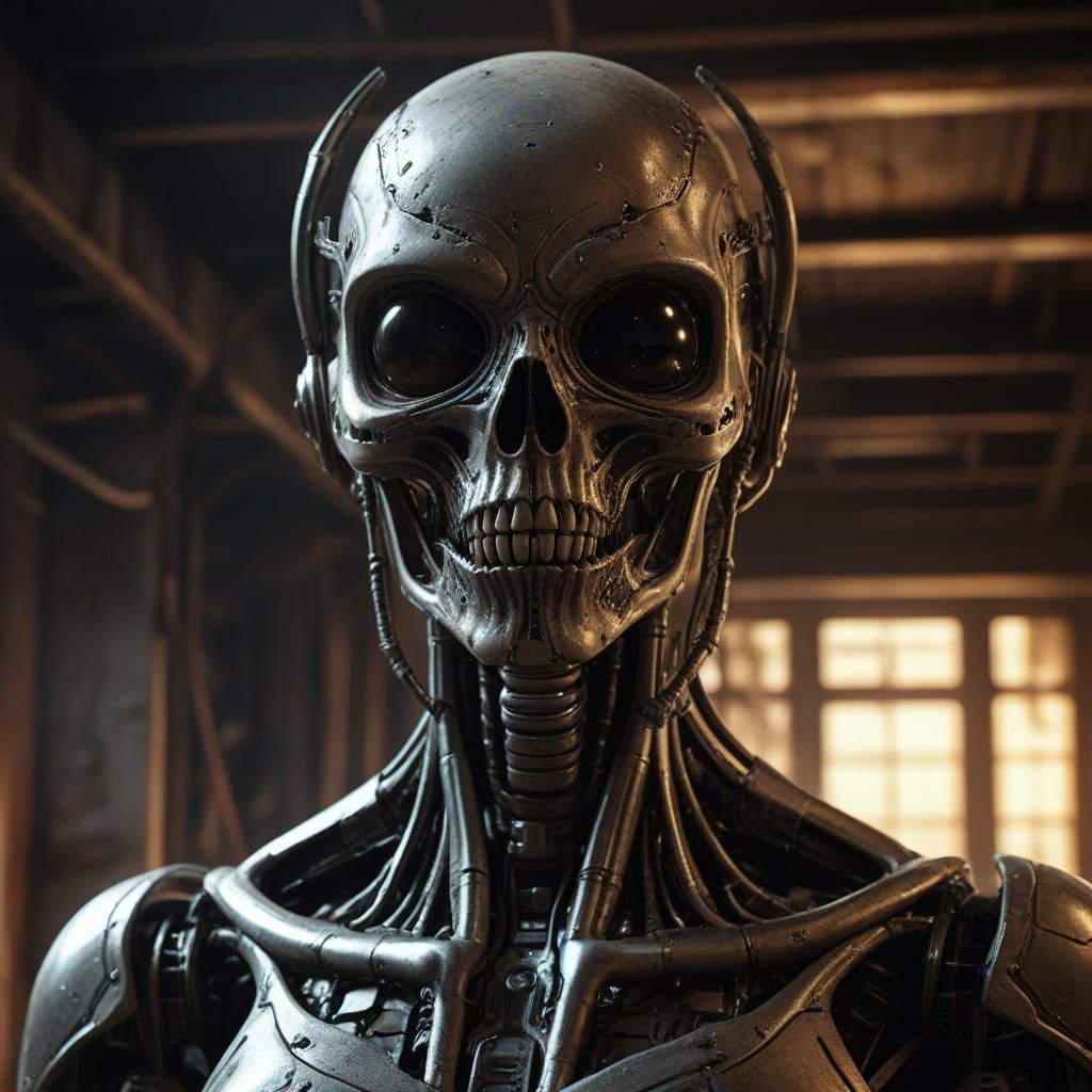 Metal Domestic Robot Surprised in Burned House