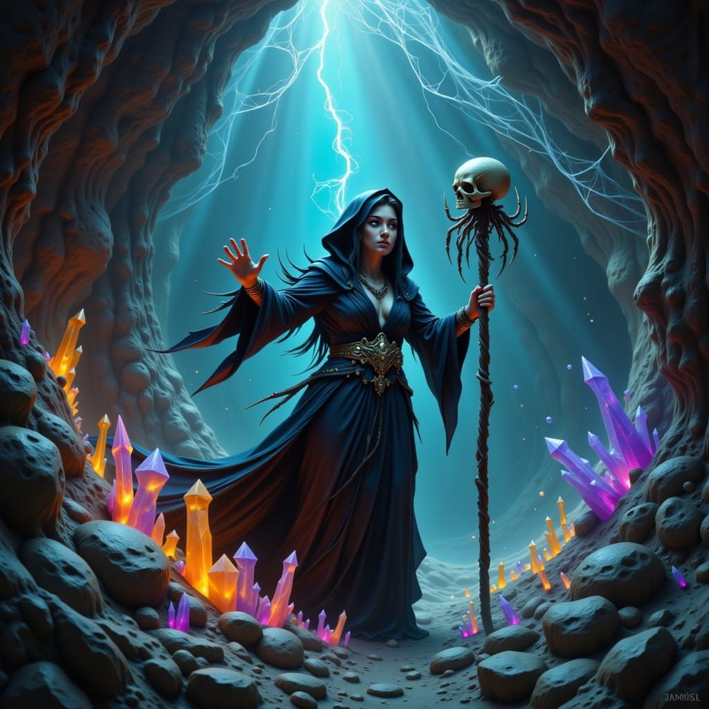 Drow Priestess Ritual in Crystal Cave, Dark Fantasy Art