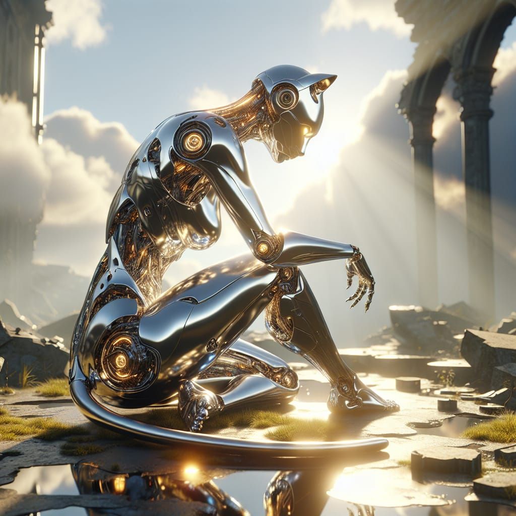 Graceful Chrome Cat Cyborg Grooms in Ruins