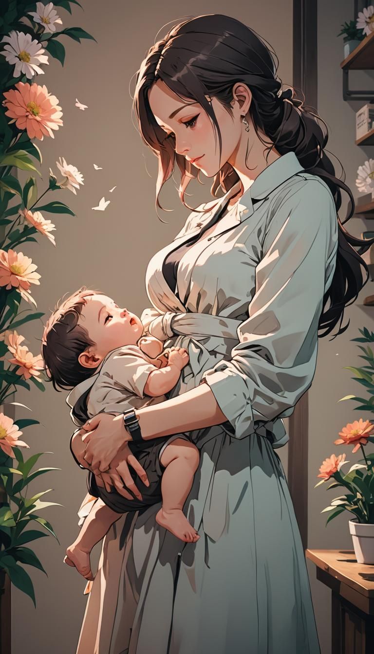 Anime-Style Young Mother and Baby Artwork