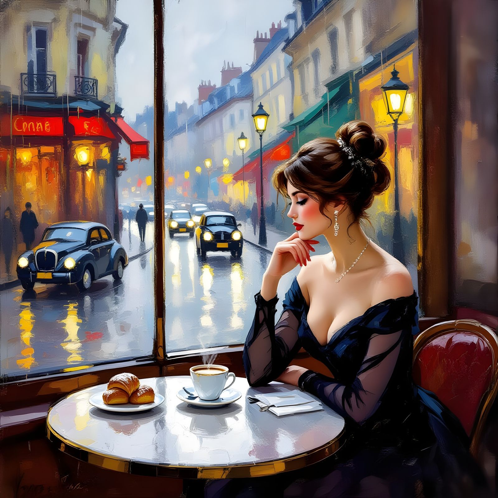 Elegant Woman Enjoys Coffee at Cozy Cafe Window