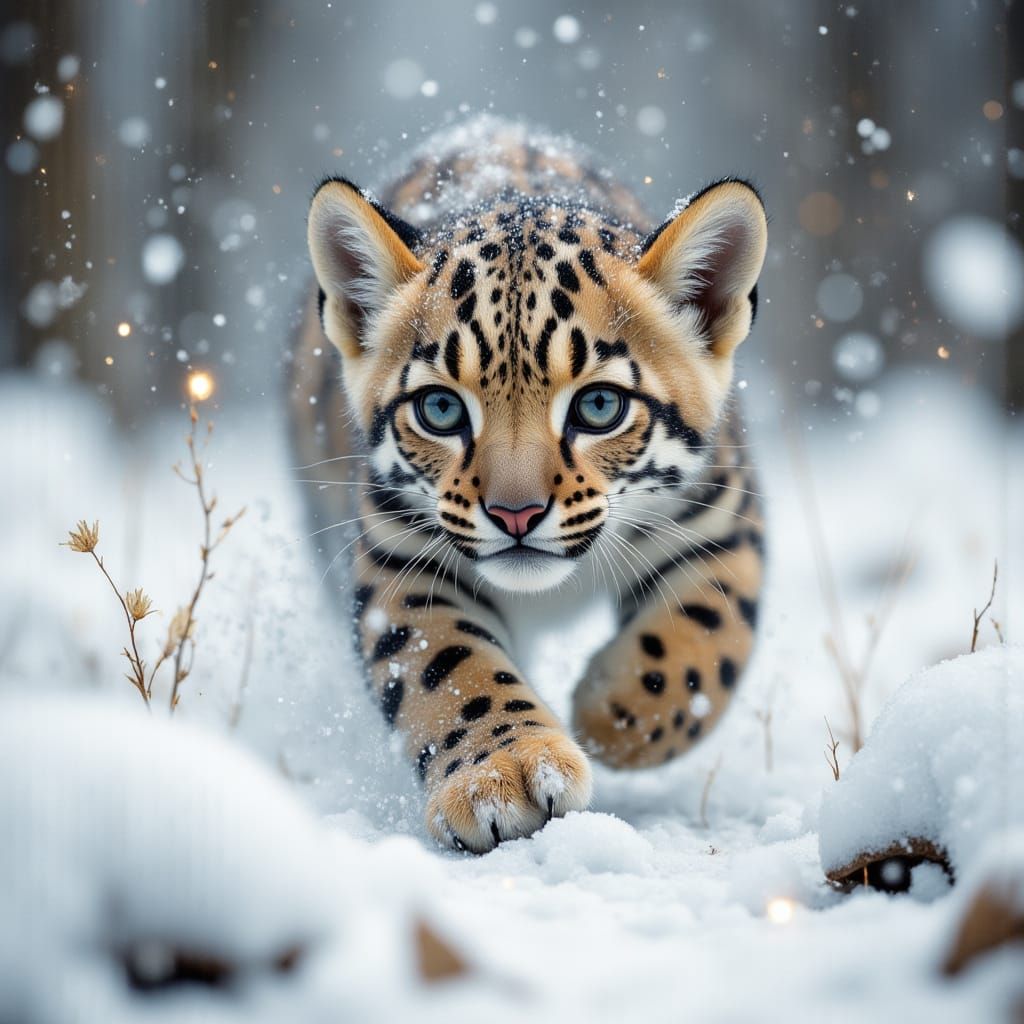 Snow Leopard Cub Running: Tilt-Shift Photography