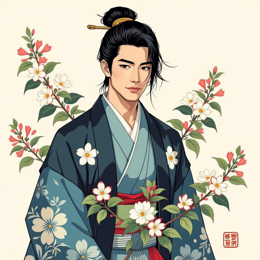 Japanese Model Surrounded by Honeysuckle in Ukiyo-e Style