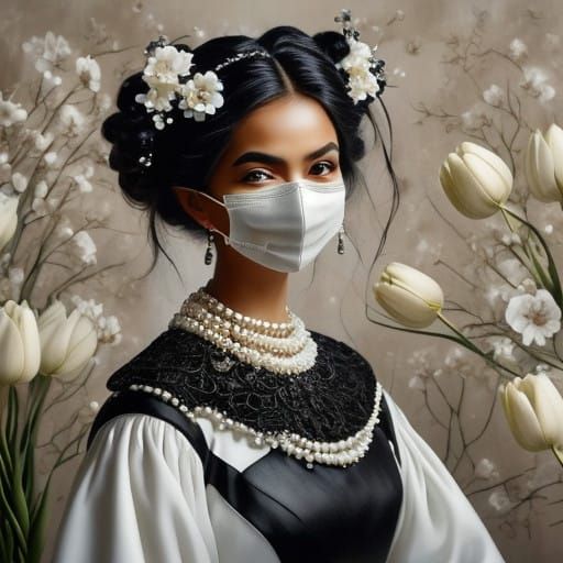 Elegant Edgy Portrait with Cat Mask and Tulips