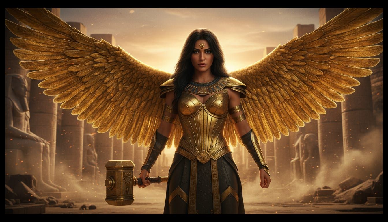 Egyptian Warrior Goddess in Golden Armor with Wings