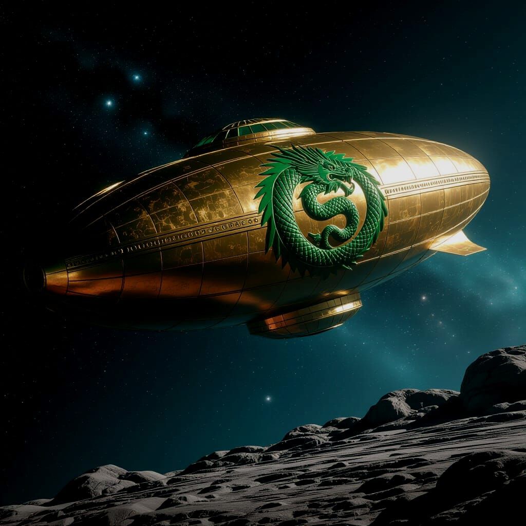 Massive Bronze Spaceship with Dragon Emblem in Dark Space