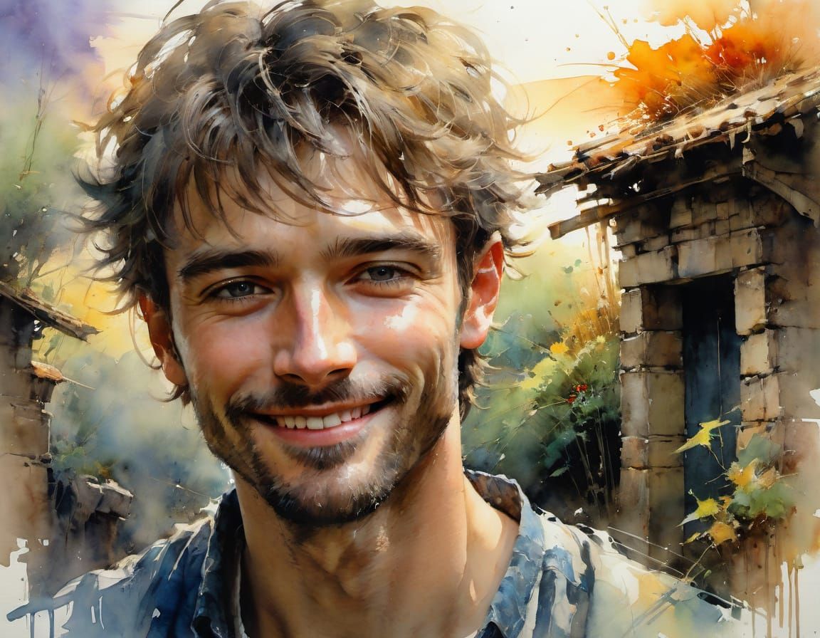 Watercolor Portrait of a Smiling Man at Sunset